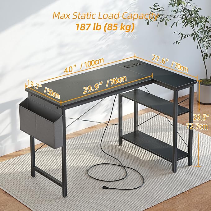 TIQLAB Small L Shaped Desk with Power Outlets - 40 inch Gaming Corner Computer Desk Writing Table, Reversible Large Storage Shelves, Bookshelf Workstation for Study Play Work Home Office, Black