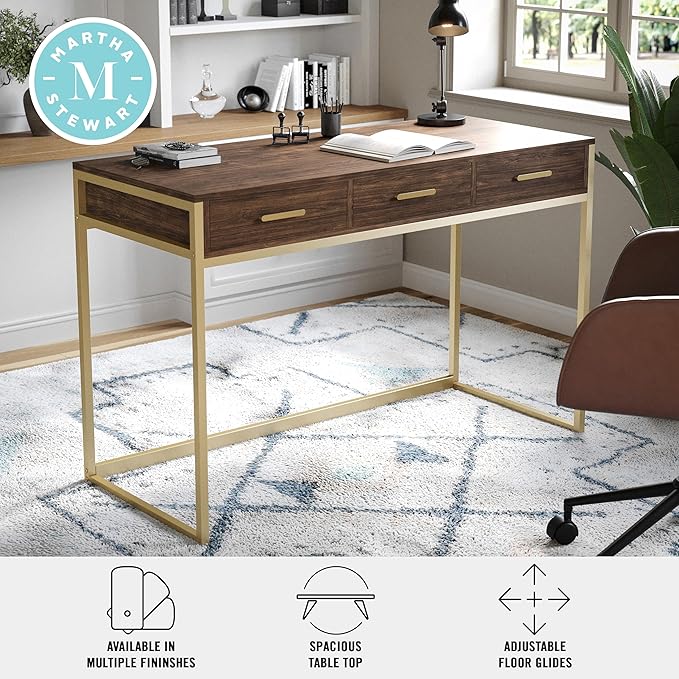 Martha Stewart Ollie Home Office Desk with 3 Drawers in Walnut Wood Grain with Polished Brass Hardware