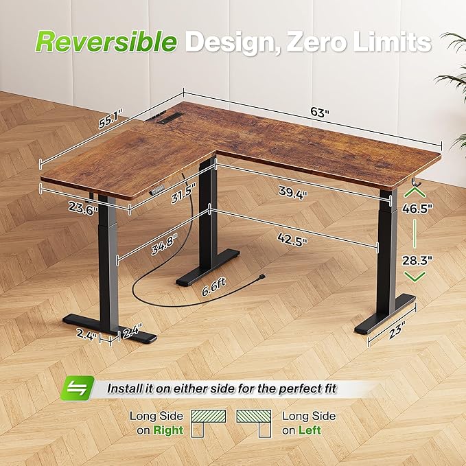 Huuger L Shaped Standing Desk with Power Outlets, 63 x 55 Inch Height Adjustable Computer Desk for Bedroom, Corner Stand up Desk for Home and Office, Work and Study, Rustic Brown