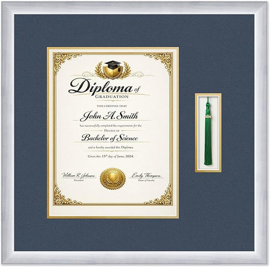 CountryArtHouse Diploma and Tassel Frame Fits 10 x 13 College Diploma (Portrait Traditi Stainless Silver Genuine Hardwood Shadowbox with Navy Blue Over Metallic Gold Double mat