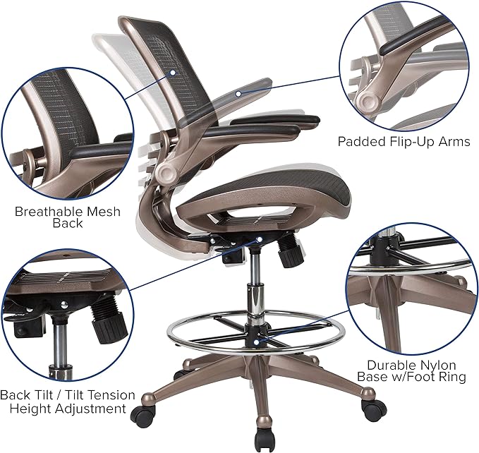 Flash Furniture Waylon Mid-Back Swivel Office Chair with Adjustable Foot Ring and Seat Height, Ergonomic Mesh Chair with Armrests, Black/Gold