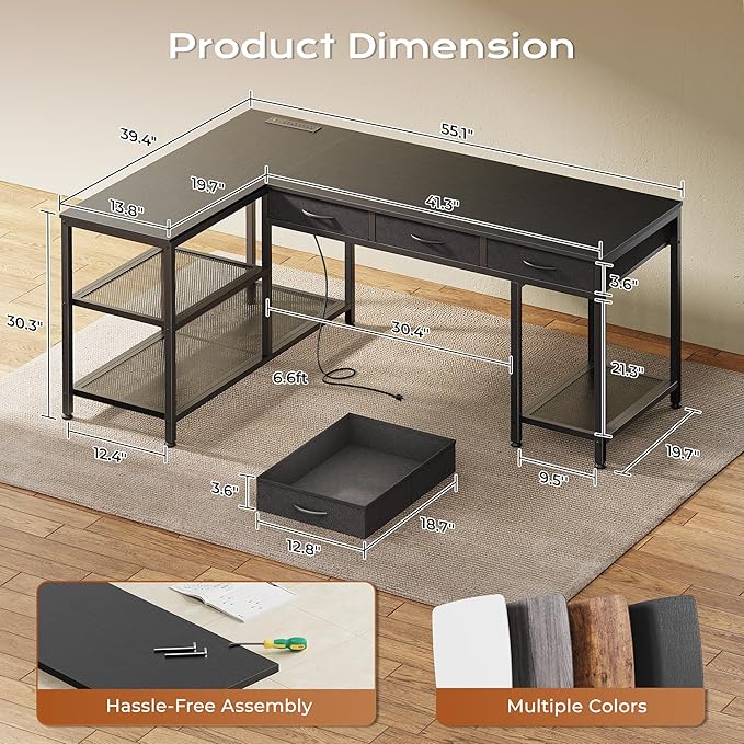 PRAISUN 55 Inch L Shaped Office Desk with Power Outlets and Type-C Port, Large Computer Gaming Desk with 3 Fabric Drawers, Mesh Shelves, Corner Study Work Writing Desk, Black