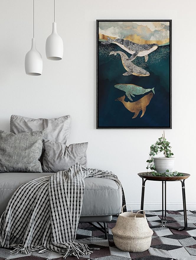 SIGNFORD Framed Canvas Print Wall Art Whales with Dots Under The Blue Sea Abstract Wilderness Illustrations Modern Art Contemporary Scenic for Living Room, Bedroom, Office - 24"x36" Black