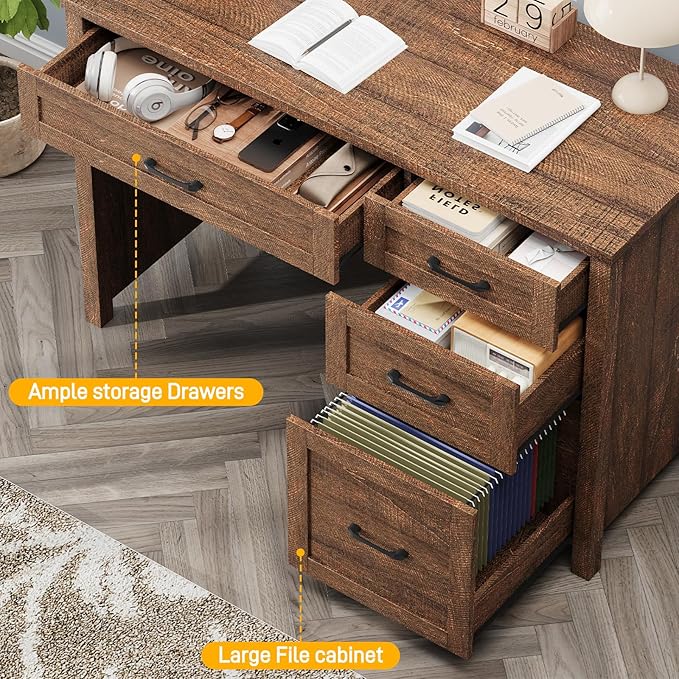 Farmhouse 47" Executive Desk, Computer Desk with File Drawer and Charging Station, Workstation for Home Office, Study.Red-Brown