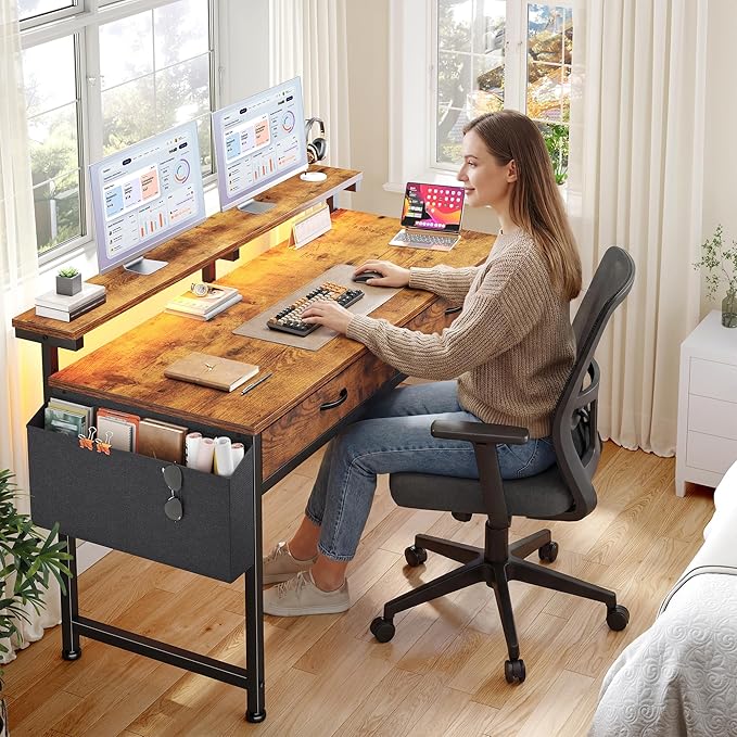 47.3Inch Office Computer Desk with LED Lights & 2 Fabric Drawers, Gaming Desk with Side Pocket & Ergonomic Monitor Stand, Small Space Study Writing Table with Anti-Tip Design, Rustic Brown