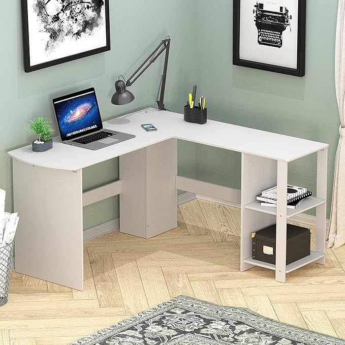 SHW 51 x 51 Inches L-Shaped Home Office Wood Corner Desk wtih Storage, White