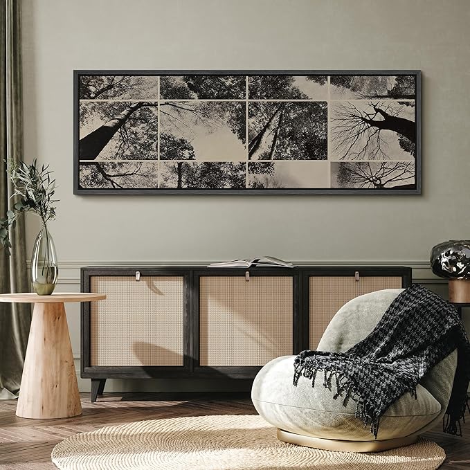 SIGNFORD Large Framed Canvas Print Wall Art Black and White Forest Canopy Grid Collage Illustrations Modern Art Calm Warm for Living Room, Bedroom, Office - 60"x20"