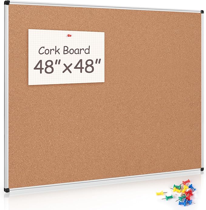 Board2by Large Cork Bulletin Board 48" X 48", Silver Aluminum Framed Corkboard for Wall, Wall Mounted Notice Pin Board with Push Pins for School, Home & Office - 4' x 4' Corkboard