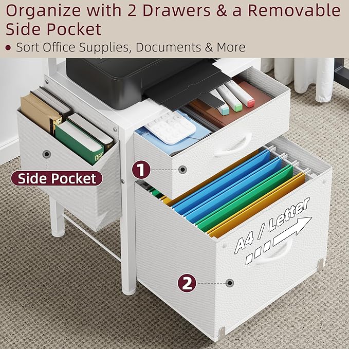 2-Drawer File Cabinet, Filing Cabinet with 2-Tier Printer Shelves, Office Cabinets with Side Bag&File Drawer for A4/Letter Size, Printer Stand with Storage for Home Office, White, 16.5" W