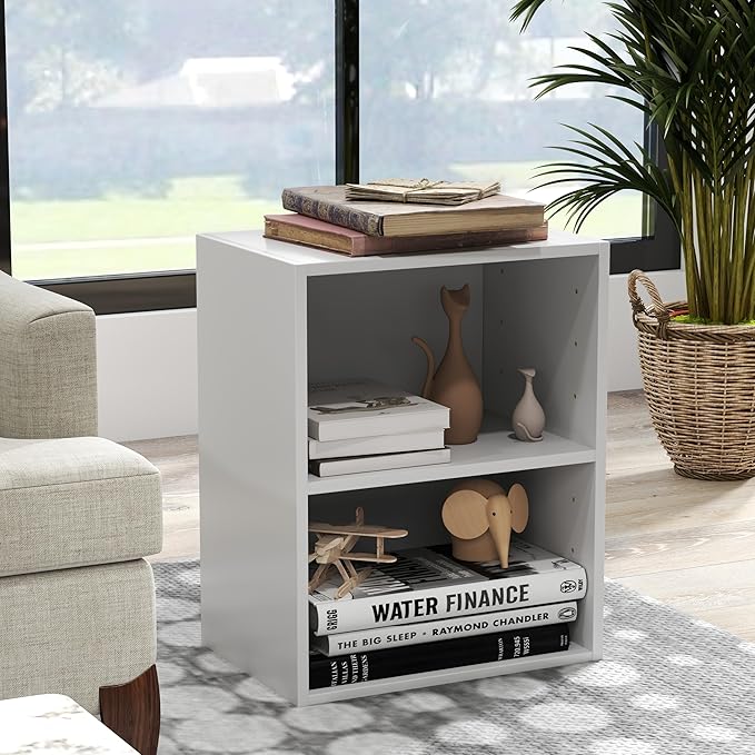 Tangkula 2-Tier Bookshelf, Open Shelf Bookcase with 7-Position Adjustable Shelf, Multifunctional Wooden Cubby Storage Display Shelf for Home Office Study Living Room (White, 2)