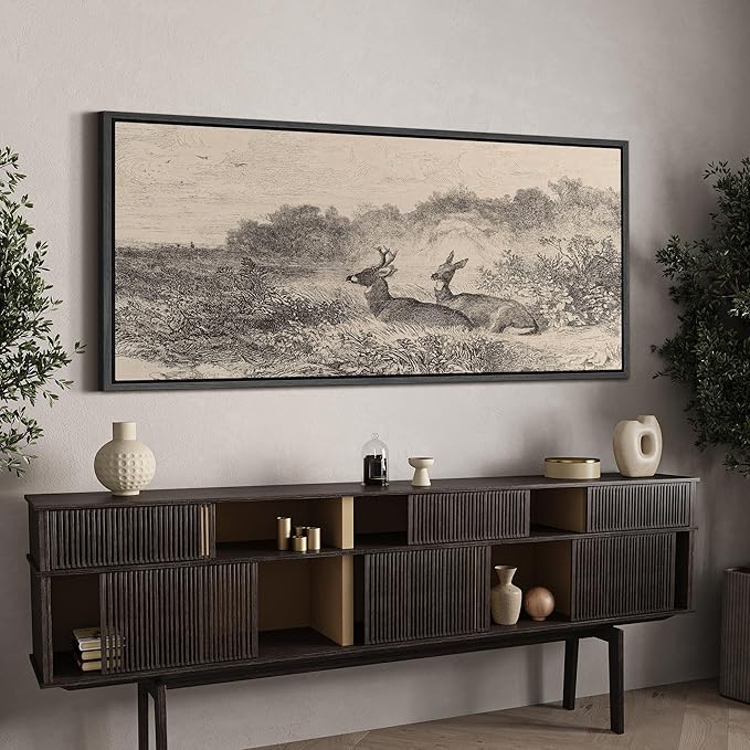 SIGNFORD Extra Large Framed Canvas Vintage Deer Meadow Landscape Illustrations Modern Art Calm Warm for Living Room, Bedroom, Office - 60"x30"