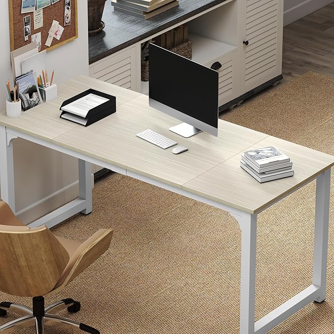 NSdirect Large Office Desk for Home Office, Large 63" Computer Desk Table, Wide Writing Study Desk for 2 Person, Metal Sturdy Frame Thicker Steel Legs, (White Oak, 63"L x 23.6"W x 29.5"H)