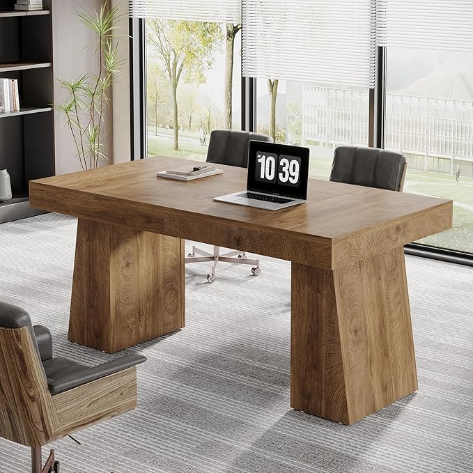 Tribesigns 55 Inches Executive Desk, Mid-Century Modern Home Office Desk, Wood Computer Table Business Workstation Small Conference Table, Light Brown