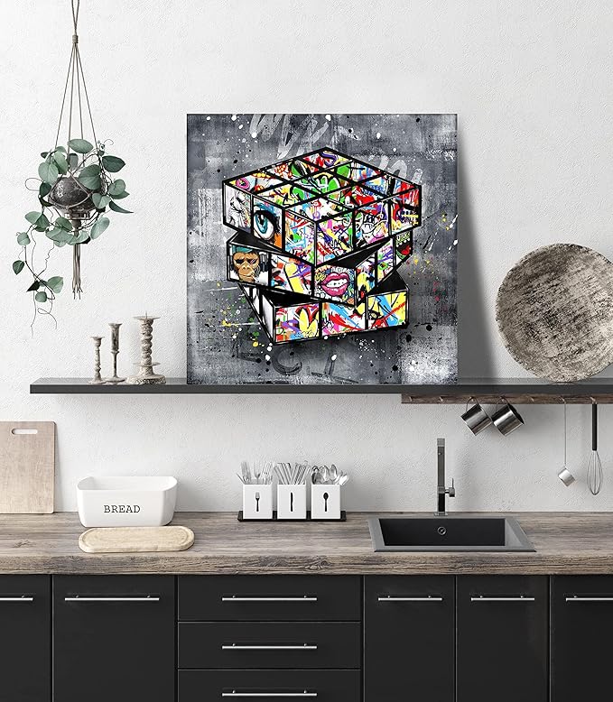 SIXTTART Banksy Canvas Wall-Art For Living Room - Street Graffiti Wall Art for Bedroom - Large Abstract Painting Pop Art Modern Home Office Decor 20" W x 20" H Stretched And Framed Ready to Hang