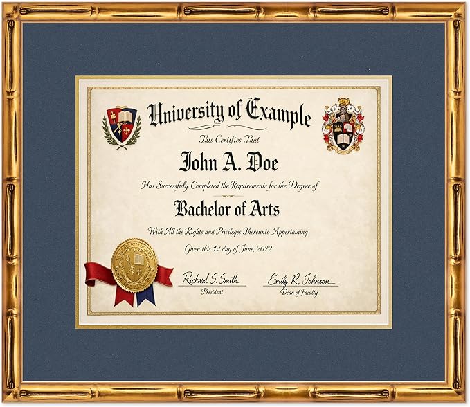 CountryArtHouse Diploma Frame Fits 15 x 12 Military/Government - Keepsake Graduation Display Gold Bamboo Genuine Hardwood with Navy Blue Over Metallic Gold Double mat