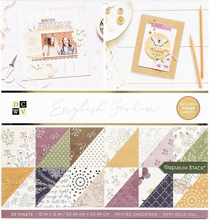 DCWV Printed Cardstock Paper 12x12, 36 Sheets of Scrapbook Paper for Crafts and Card Making, Double Sided Heavy Duty Cardstock with Foil Accents - English Garden