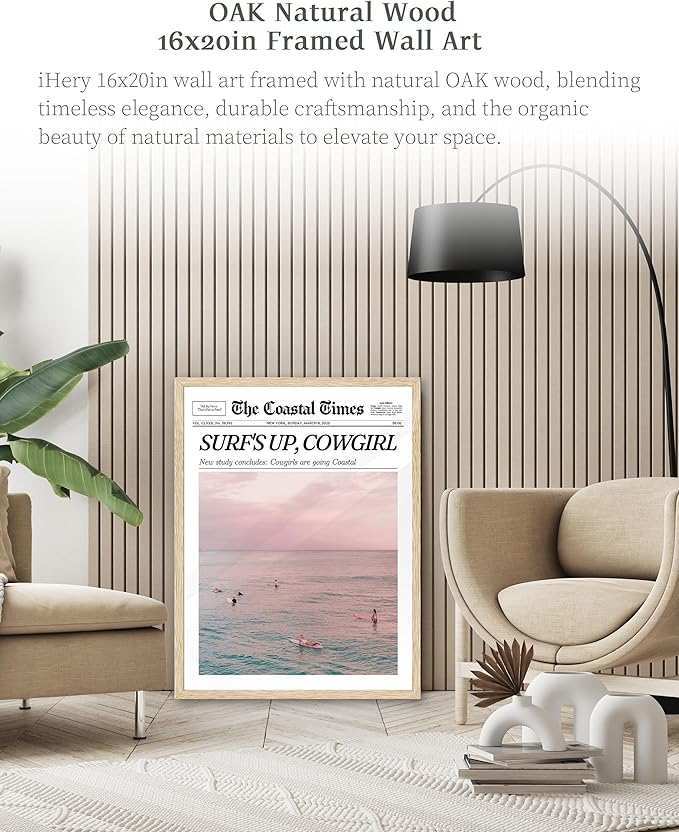 iHery Framed Trendy Coastal Cowgirl NewsPaper Wall Art Prints,Beige OAK Wood Large 16x20in Canvas Wall Decor For Bedroom,Western Vintage Bar Cart,Dorm Retro Surfing Up For Living Room 1Pack