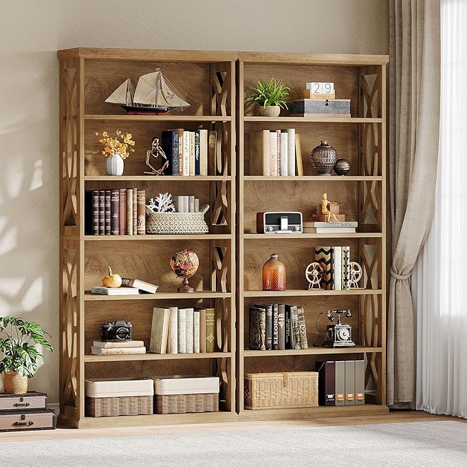 Tribesigns 6-Tier Bookshelf, 71 Inches Tall Freestanding Bookcase, Large Industrial Bookshelves Display Shelves, Wooden Book Shelf for Home Office, Living Room, Bed Room, Natural, 2pcs