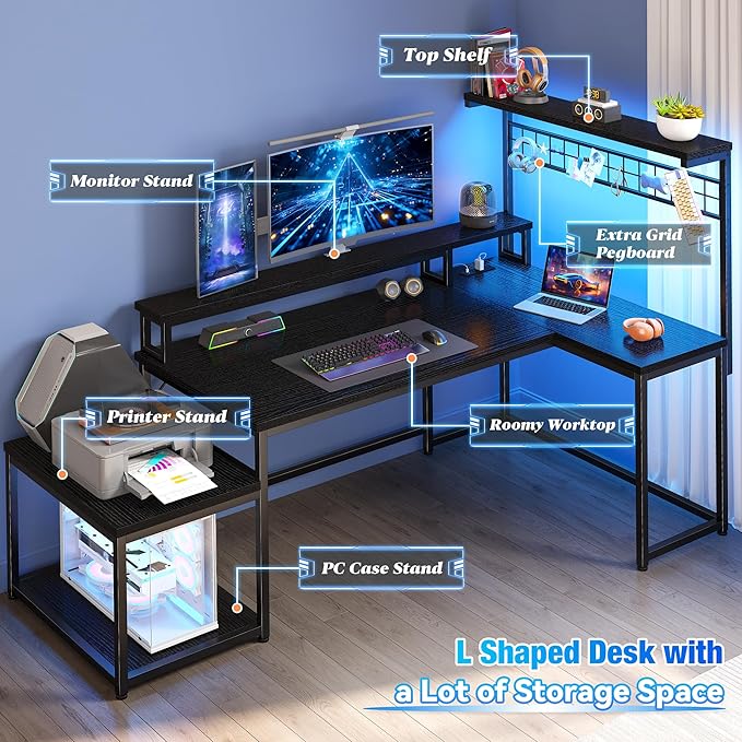 EnHomee 63" L Shaped Gaming Desk with LED Lights & Power Outlets,Reversible Corner Gaming Table with Storage Shelf & Hooks,Computer Desk with Monitor Stand & Print Stand for Bedroom,Home Office,Black