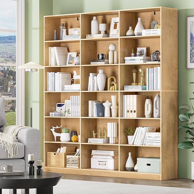 Natural Bookcase with Open Display Shelves, Large Triple Wide Bookshelf, 71.6” Tall 6 Tier Book Case for Living Room, Home Office, Library Bookshelf 2PCS