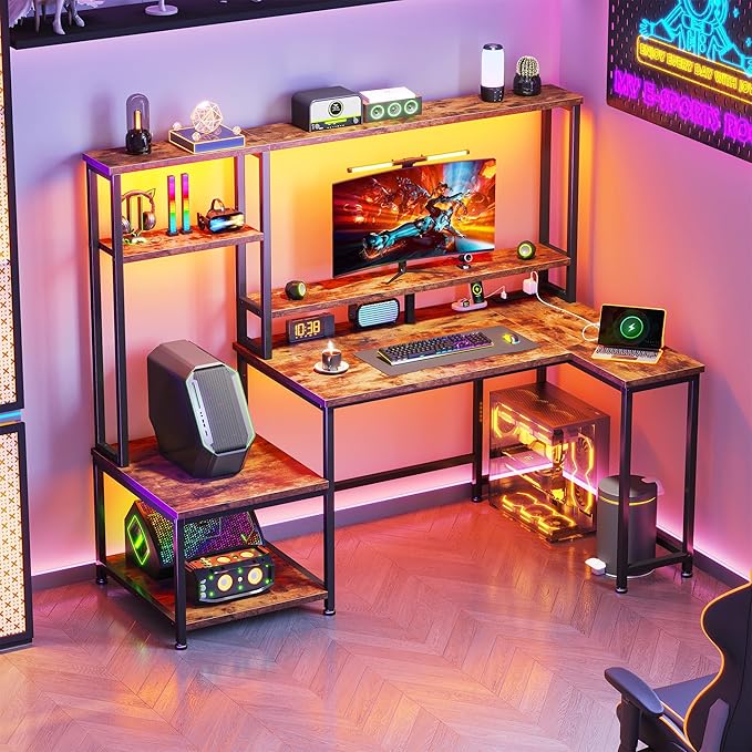 Computer Desk with LED Lights & Outlets,55" L Shaped Gaming Desk with Shelves & Storage Hutch,Reversible Corner Gaming Table with Printer Space & Monitor Stand for Home Office,Rustic Brown