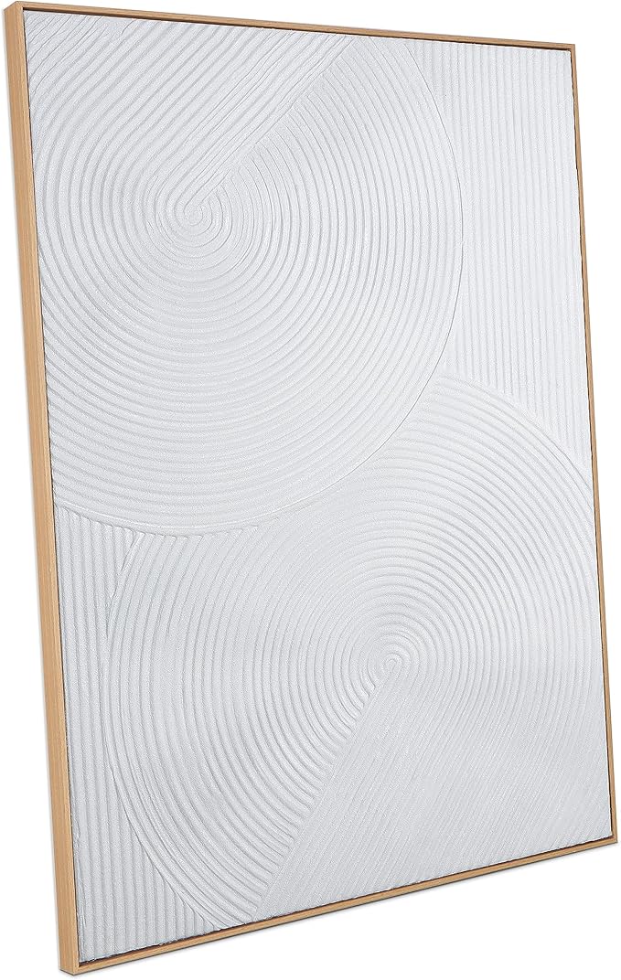 Zessonic Framed Abstract Wall Art for Living-room - Large White Geometric Line Spiral Abstract Hand-painting Artwork Minimalism Contemporary Nordic Boho Decorative for Living Room, Bedroom - 28"x 40"