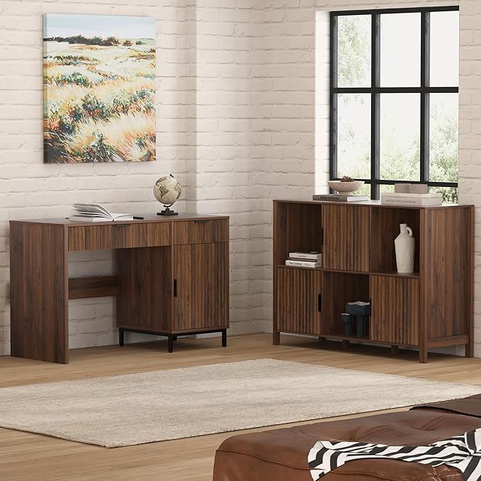 47" Office Desk with Fluted Drawers, Wooden Home Exectuive Desk with Storage Cabinet, Charging Station, Metal Legs Modern Farmhouse Computer Desk for Work, Study, Brown