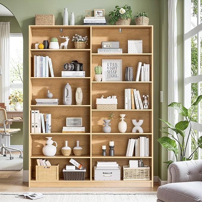 Freestanding Bookshelf and Bookcase, 6 Tier Double Wide Bookshelves, Home Display Storage Shelves 70.8” Tall Bookcases for Home Decor Bedroom, Living Room, Natural