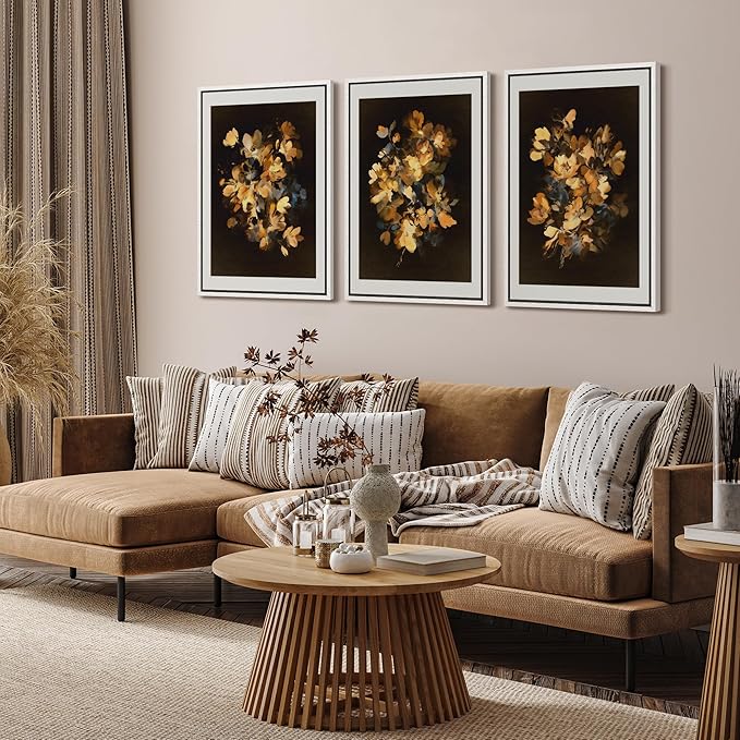 SIGNFORD Framed Wall Art Print Set Golden Blossom Watercolor Floral Warm Botanical Digital Art Modern Art Contemporary for Living Room, Bedroom, Office - 16"x24"x3 WHITE