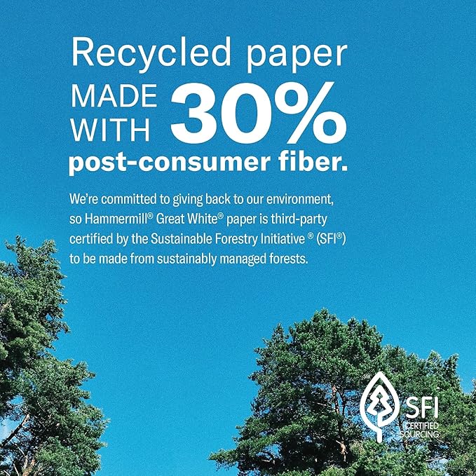 Hammermill Printer Paper, Great White 30% Recycled Paper, 8.5 x 11-10 Ream (5,000 Sheets) - 92 Bright, Made in the USA, 086700C