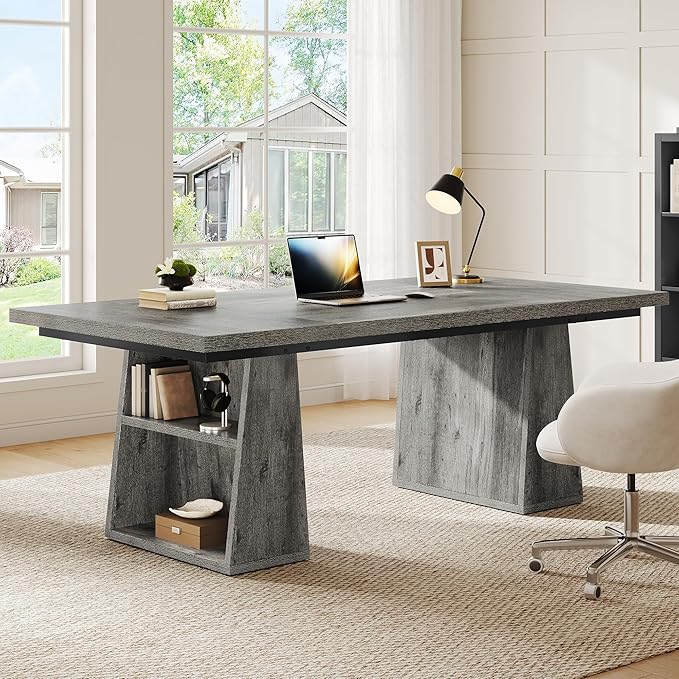 YITAHOME 63" Executive Desk, Large Office Desk Computer Desk with Double Pedestal and Storage Shelves, Wood Simple Workstations Writing Table Conference Table Business Furniture for Home Office, Grey
