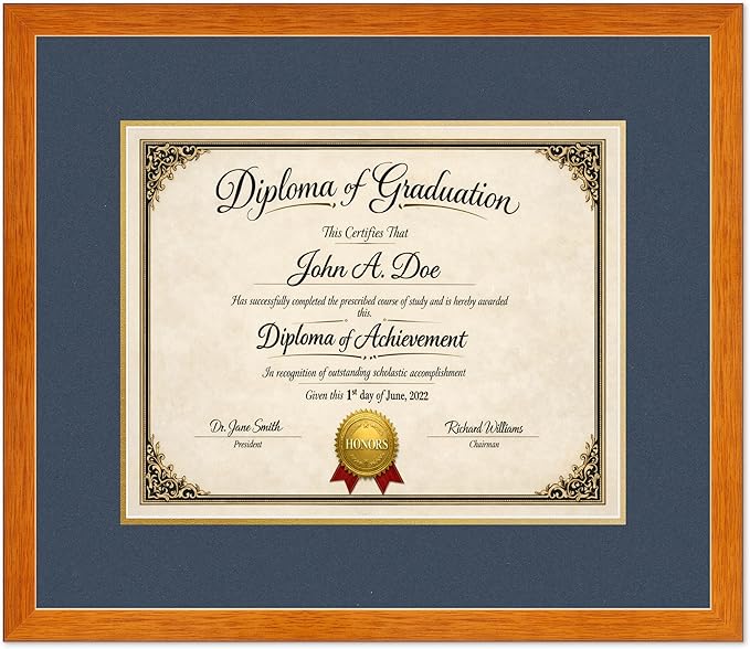 Diploma Frame Honey Oak with Navy Blue Over Gold Double Mat - Fits 15 x 12 Military/Government Wall Display Made in the USA