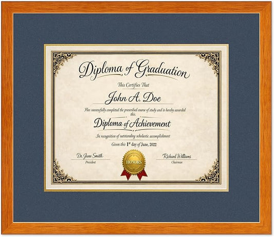 Diploma Frame Honey Oak with Navy Blue Over Gold Double Mat - Fits 15 x 12 Military/Government Wall Display Made in the USA