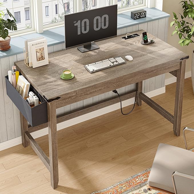 EnHomee 40 Inch Small Desk with Storage Bag Detachable, Gaming Desk with Power Outlet, Modern Simple Home Office Desk and Writing Desk for Small Spaces, Study Desk for Bedroom,Ash Gray