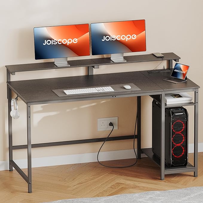 JOISCOPE Home Office Desk with Power Outlets (3AC, USB, Type-C), 55 × 20 Inch Computer Desk with Reversible Shelves, Laptop Table with Display Riser, Gaming Study Drafting Table for Bedroom, Black
