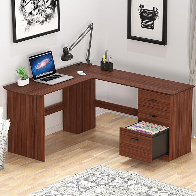 SHW 51 x 59 Inches L-Shaped Home Office Wood Corner Desk with Box Box File Drawers, Walnut
