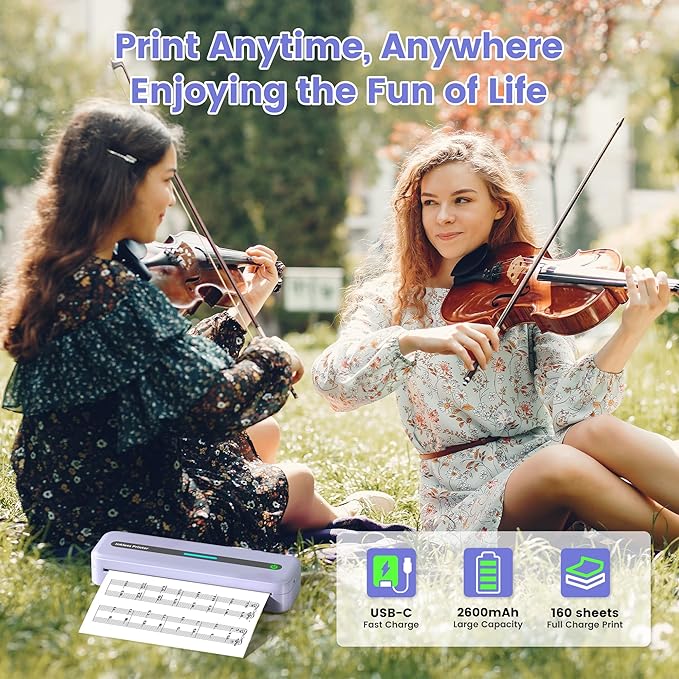 Portable Printer, 300DPI Wireless Bluetooth Thermal Printers, Support Multi-Size Thermal Paper, Compatible with iOS, Android & PC, Inkless Mobile Printer for Travel, Office, School, Purple