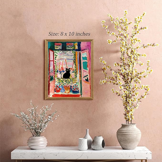 Fantasy Artists Henri Matisse Cat Wall Art, Framed Open Window Black Cat Canvas Poster Prints, Abstract Aesthetic Wall Decors for Living Room, Oil Paintings for Room Bathroom Decorations 8" X 10"