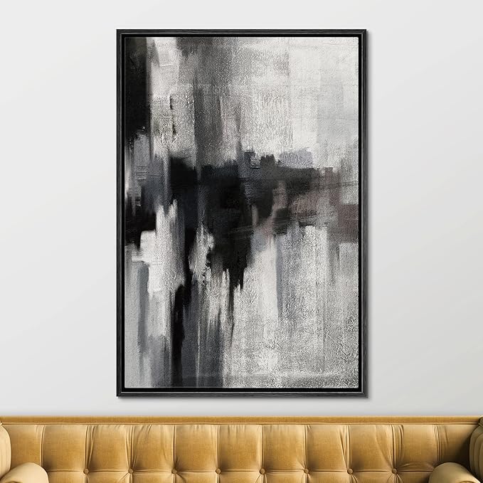 SIGNFORD Framed Canvas Print Wall Art Black Brushstrokes on Gray Background Abstract Shapes Illustrations Minimalism Alternative Edgy Dark for Living Room, Bedroom, Office - 24"x36" Black