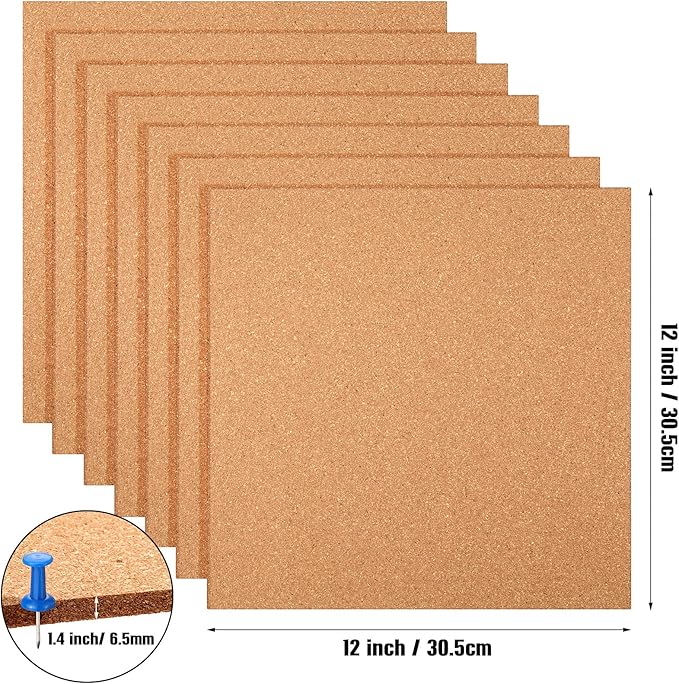 16 Pieces Cork Board Tiles 12 x 12 Square Bulletin 1/4" Thick Cork Board with 80 Self Adhesive Squares Included for Office, School and Home