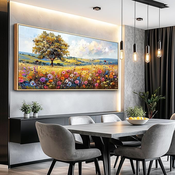 hyidecorart Farmhouse Wall Art For Living Room Pictures For Bedroom Wall Decor Natural Scenery Wall Painting Office Artwork Colorful Flowers And Trees Canvas Prints Hanging Decor Wood Framed 72x32