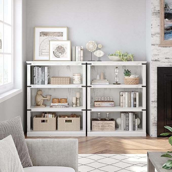 GarveeHome 3 Tier Farmhouse Bookcase, 39.9 in Tall Book Shelf with Storage, Wooden Bookshelves 3 Shelf Display Shelvesfor Home Office, Living Room, Bed Room (White, 39.9 in H x 31.5 in W x 12.8 in D)