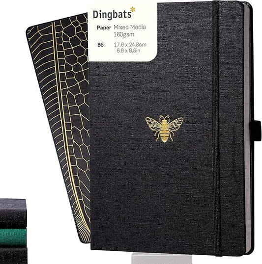 Dingbats* Pro Plain Large B5 Notebook - Black Textile Cover, Thread-Bound Writing Journal - for Work, Travel - Pocket, Elastic Closure, Bookmark