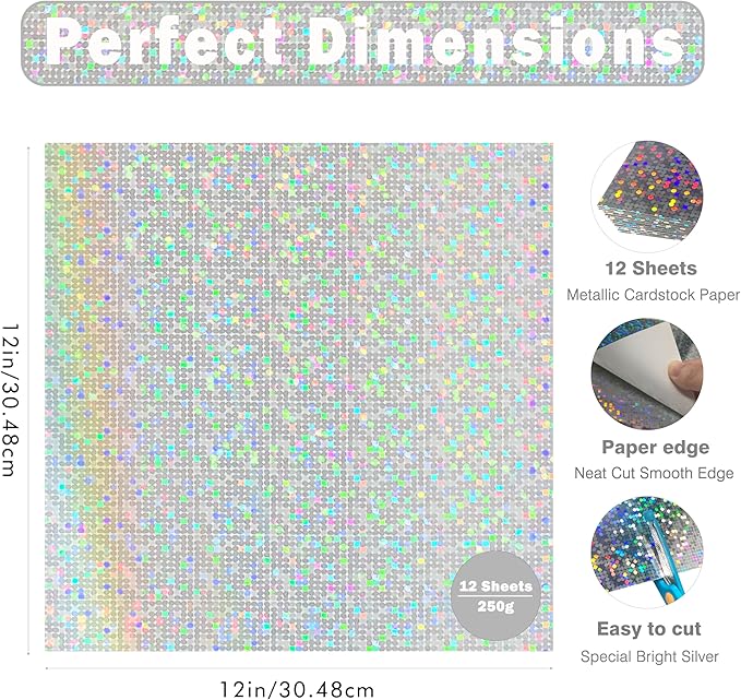 Holographic Silver Cardstock Paper 12x12 Inch, 12 Sheets Heavy Weight 92lb/250GSM Premium Iridescent Mirror Finish for Scrapbooking, Wedding Invitations, Card Making, Party Decorations