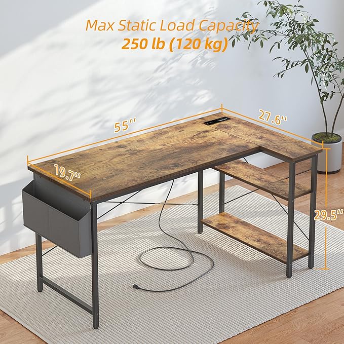 TIQLAB L Shaped Computer Desk with Power Outlets, 55 Inch Small Corner Desk with Reversible Shelves, Gaming Desk Computer Table Study Writing Desk for Home Office Small Space, Rustic Brown