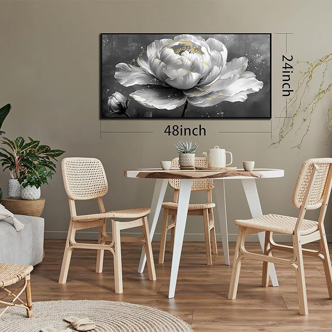 AOZEMI Black and White Wall Art Floral Art Wall Decor Flower Wall Decorations Gray Paintings for Home Kitchen Bedroom 24"x48"