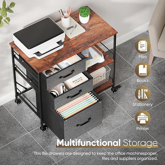 ZENY Lateral File Cabinet with 3 Drawers, Mobile File Cabinet Printer Stand, Rolling Fabric Lateral Filing Cabinet for Office Home Small Space (Grey)