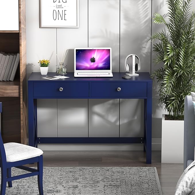 WiberWi Home Office Desk with Drawers, Modern Writing Computer Desk for Bedroom, Small Navy Makeup Vanity Table Study Table