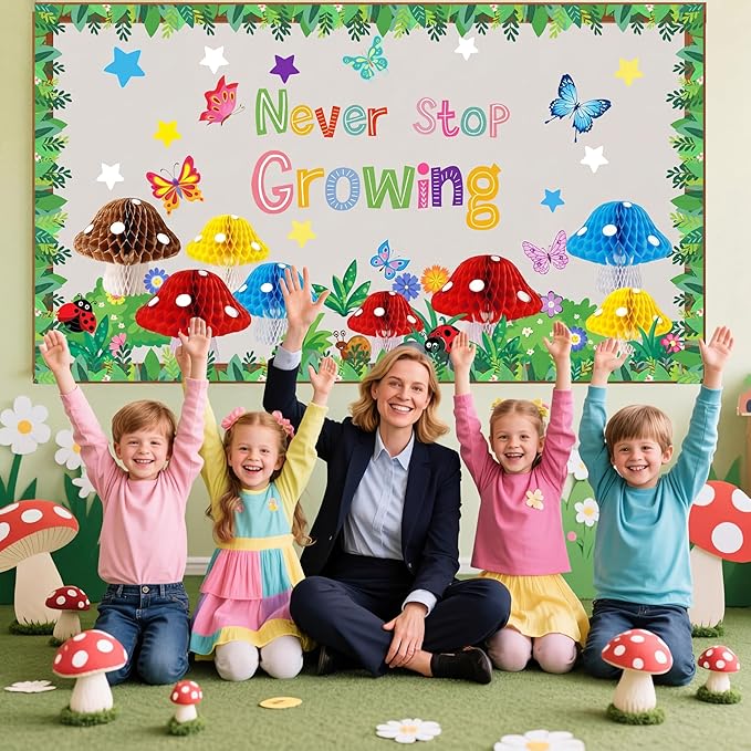 Pajean Spring Bulletin Board Decorations with 3D Mushroom Honeycomb Balls Never Stop Growing Paper Cutouts March April Classroom Bulletin Board for Motivational Library Reading Chalkboard Wall Decor
