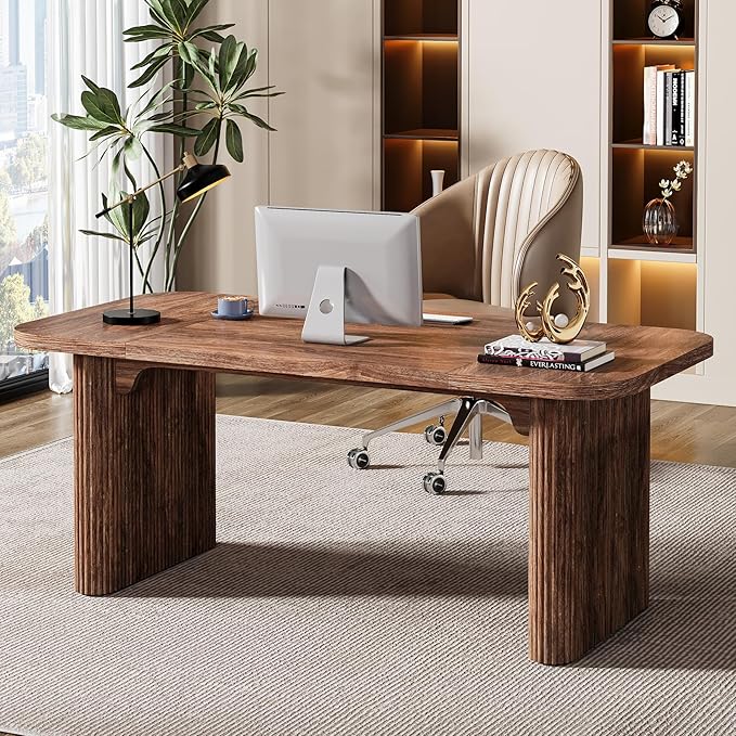Tribesigns 62-Inch Modern Executive Desk, Wood Office Desk, Large Aesthetic Computer Desk with Double Pedestal, Workstation for Home Office (Brown)
